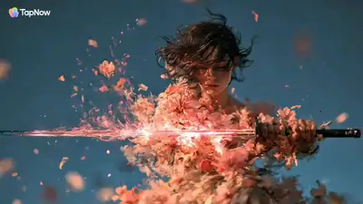 Vidéo d'action de 15 secondes d'une escrimeuse avec traînées de pétales de cerisier