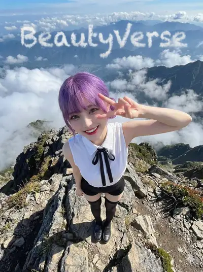 Mountain-summit adventure portrait with a peace-sign pose