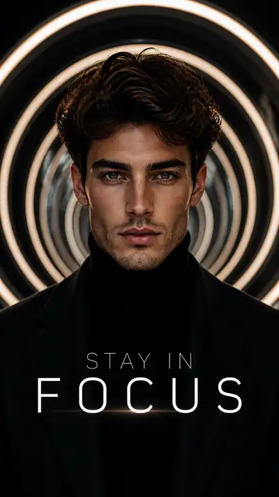 Glowing light-ring tunnel portrait titled Stay In Focus