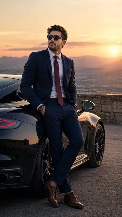 Cinematic Luxury Editorial Portrait of Young Man with Sports Car