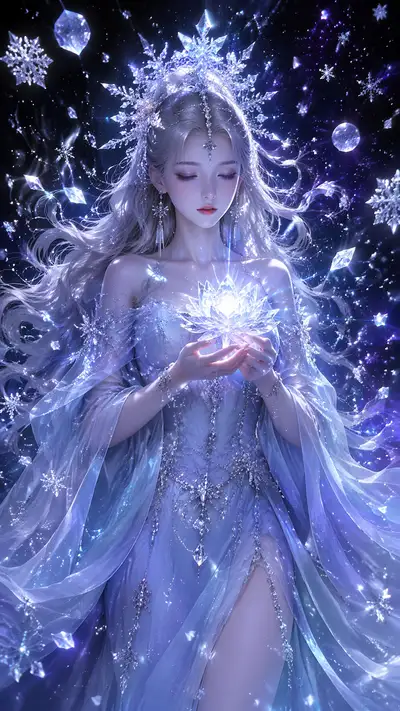 Ice queen CG illustration with glowing crystal lotus