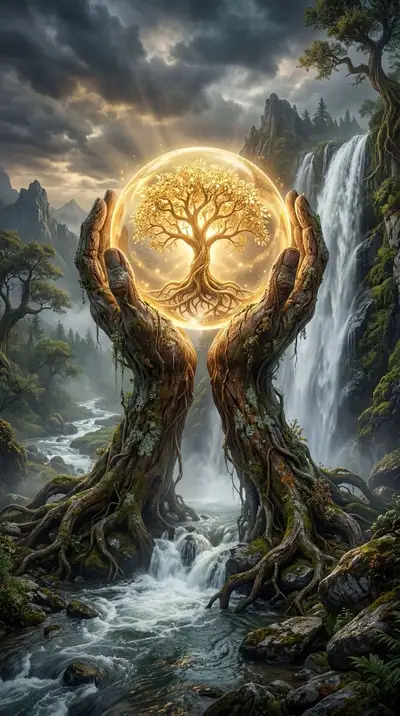 Mystical ancient tree with glowing golden orb and waterfall