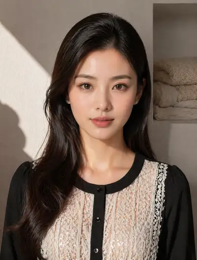 Photorealistic portrait of a woman in a lace embroidered top