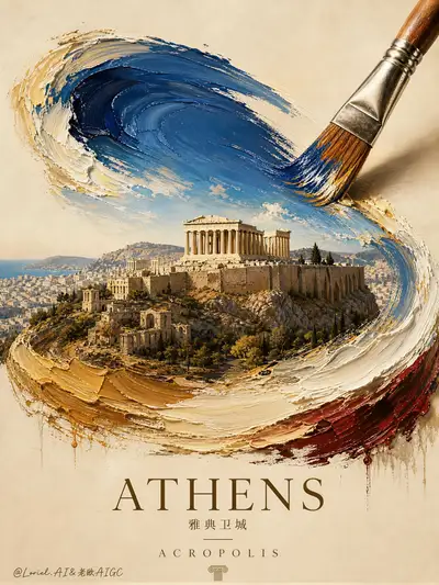 Athens Acropolis one-stroke oil-paint heritage poster