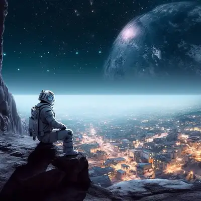 Astronaut on the Moon with Town Background