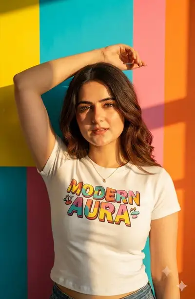 High-fashion editorial portrait against a color-block wall