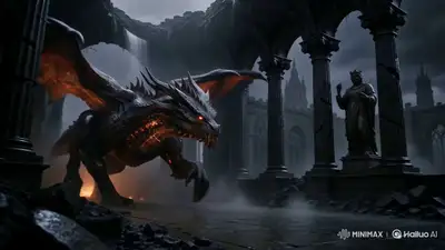 Dragón que escupe fuego en un palacio en ruinas