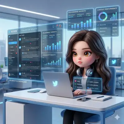 Eine stilisierte, von Pixar inspirierte 3D-Illustration einer jungen Social-Media-Managerin