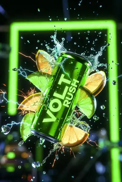 Neon green energy drink can bursting through citrus splash