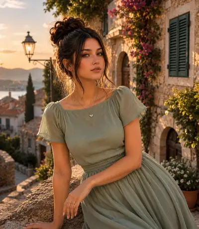 Elegant Woman in European Stone Village at Sunset