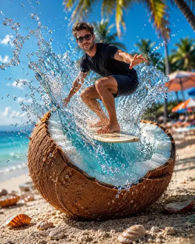 Surreal Coconut Surf Action Portrait