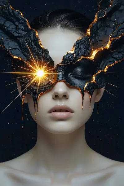 Surreal Cosmic Portrait with Molten Basalt Mask