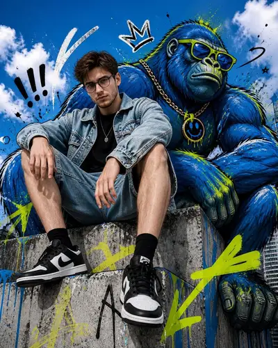 Retrato de estilo urbano callejero con mural de graffiti