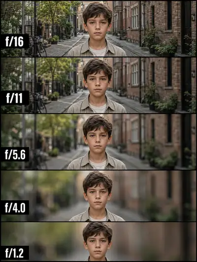 Aperture depth-of-field comparison reference board
