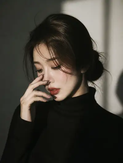Moody portrait of a woman in a black turtleneck with cinematic shadows