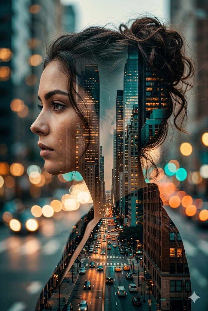 Double exposure actress portrait with city skyline