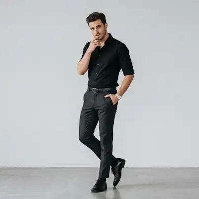 Full body fashion portrait of a stylish man in a black shirt