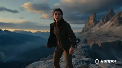 Video cinematográfico de mujer luchando contra un robot de combate en una cresta montañosa