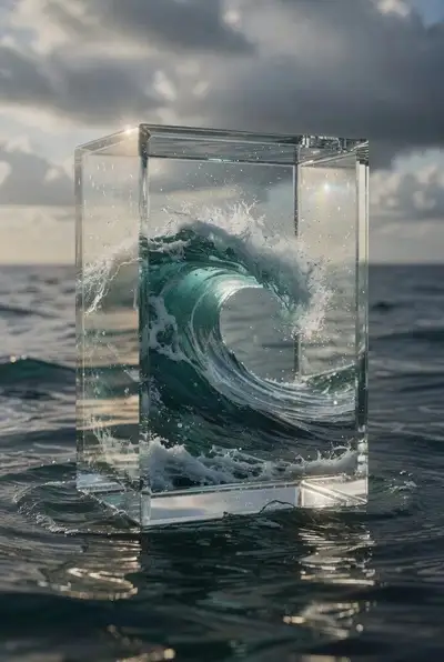 Vagues océaniques suspendues dans une boîte de verre transparente