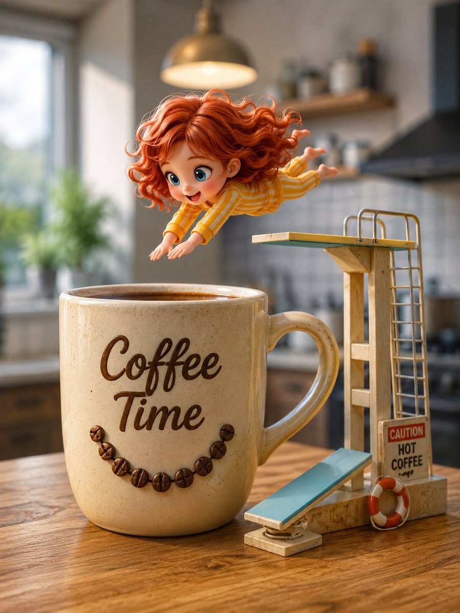 Create an extremely detailed 3D miniature scene. A kitchen table with a giant