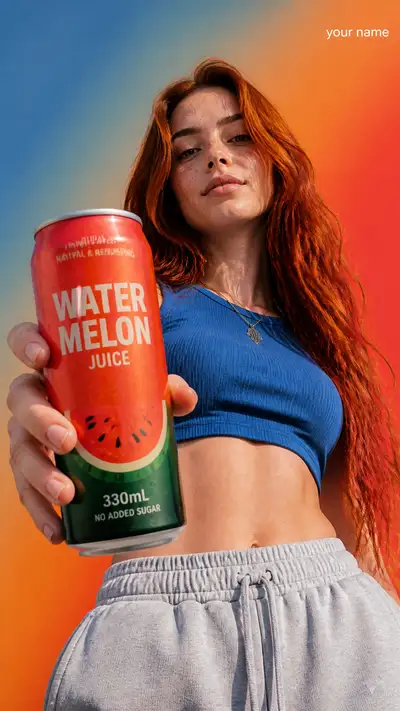 Watermelon juice can low-angle product advertising prompt