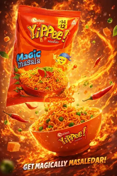 Cinematic instant noodles commercial with floating packet