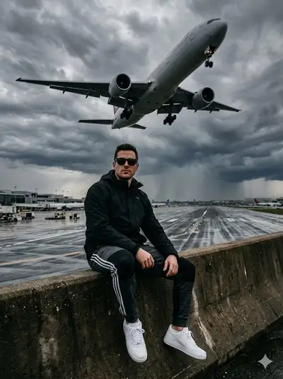 Cinematic Streetwear Portrait at Stormy Airport