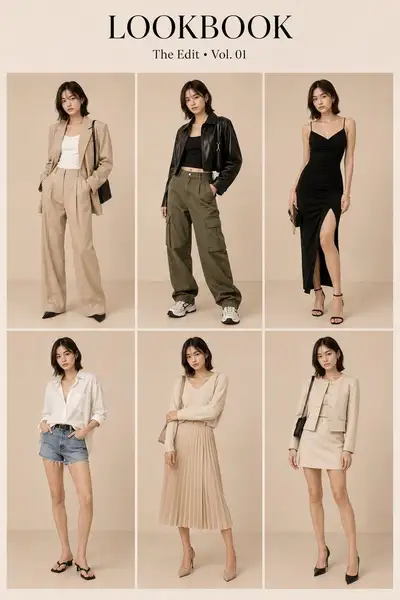 Korean luxury fashion lookbook 2x3 grid with identity match