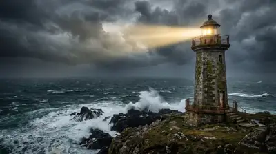 Solitary lighthouse in a storm cinematic illustration