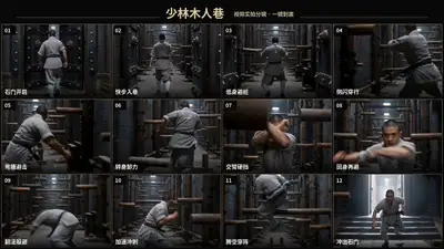 One-take kung fu wooden dummy corridor action video