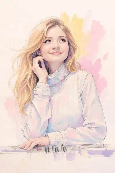 Soft pastel watercolor illustration of a woman