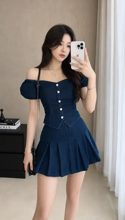 East Asian Woman Mirror Selfie in Denim
