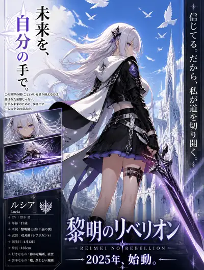 Futuristic anime key visual poster for character Lucia with sword