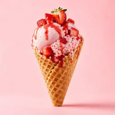 Strawberry ice cream cone product photo plus exploded infographic