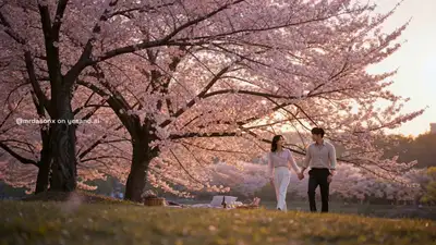 Korean Couple Sunset Picnic in Cherry Blossom Grove