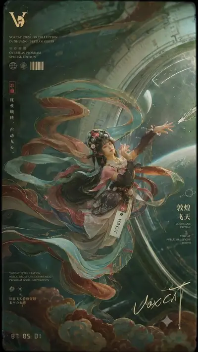 Póster de teatro sci-fi retro con figura de apsara del mural de Dunhuang