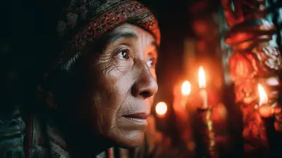 Elderly Nepalese man in candlelit temple