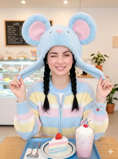 Prompt de retrato tierno en café con gorro de peluche de ratón