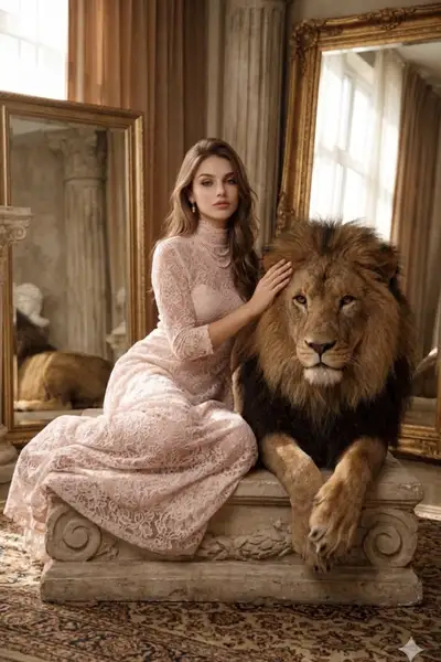 High-Fashion Editorial Portrait with Lion