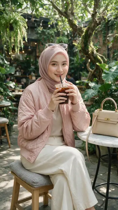 Young Southeast Asian Woman with Hijab at Café