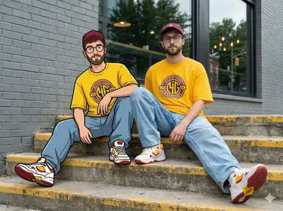 Real person seated beside his cartoon twin in matching hip-hop streetwear