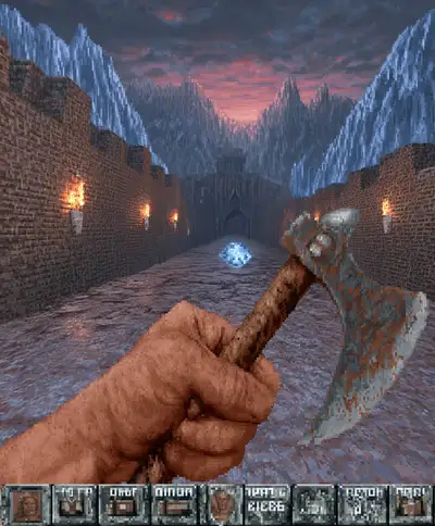 Pixel Art Warrior Approaching Frozen Fortress