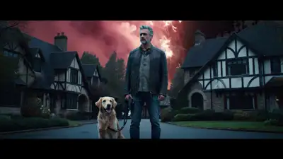 Man with Golden Retriever Watching Fireworks