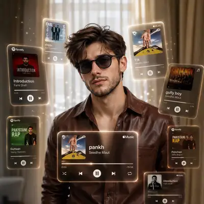 Homem cercado por interfaces flutuantes de reprodutor de música AR