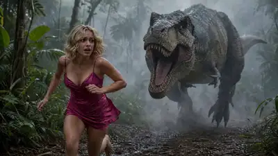 Séquence vidéo de poursuite d'un T-rex dans une jungle brumeuse