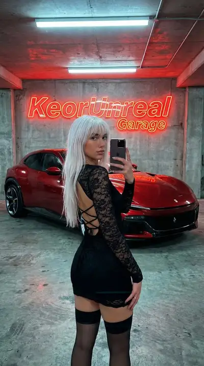 Photorealistic Garage Mirror Selfie with Neon Accent
