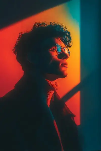 Cinematic portrait with bold geometric window light shapes