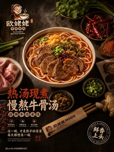 Hero food poster for a beef rice noodles restaurant brand