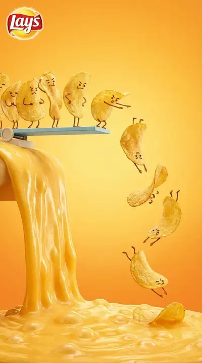 Playful potato-chip diving ad with a molten cheese pool