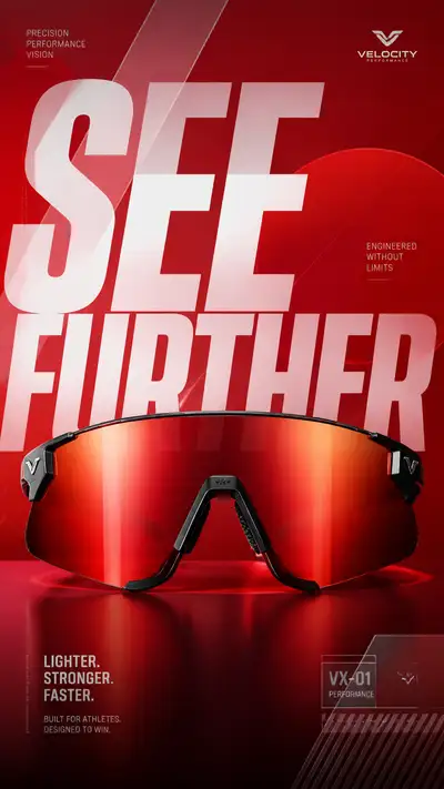 Luxury sports sunglasses launch poster with red graphic design